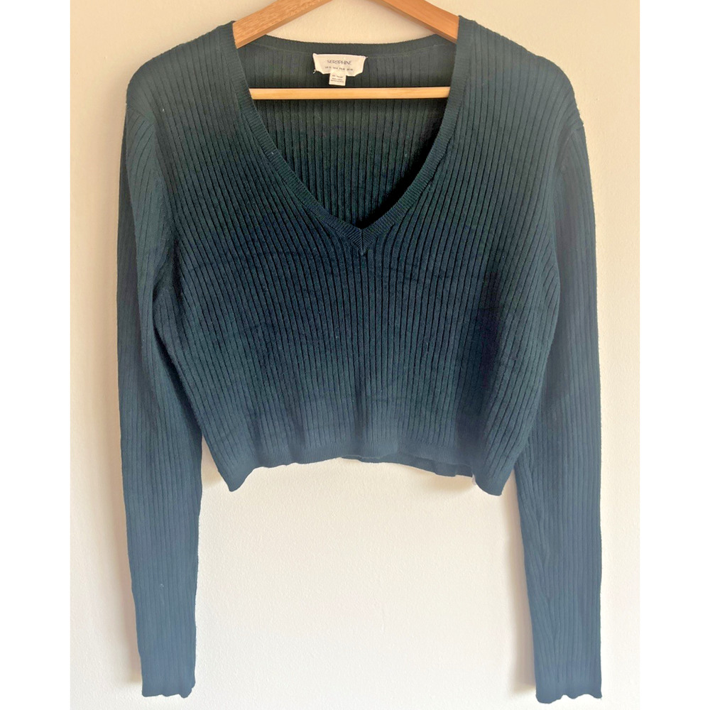 Seraphine Knit Vneck Top Size 8 Forest Green Ribbed Cropped Long‎ Sleeve
